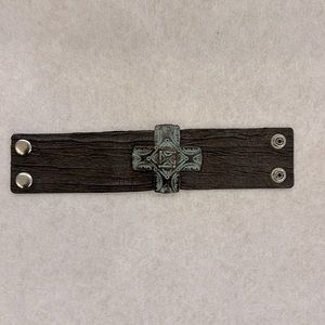 Boho Chic Brown Leather Cuff with Cross